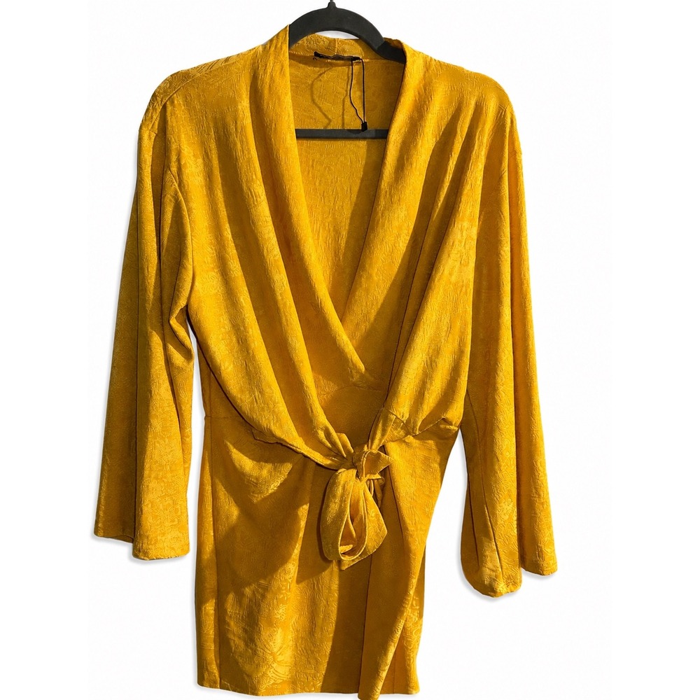 Zara Mustard Yellow Jacquard Floral Front Knot Plunging Mini Dress or Top Boho - Picture 3 of 8
